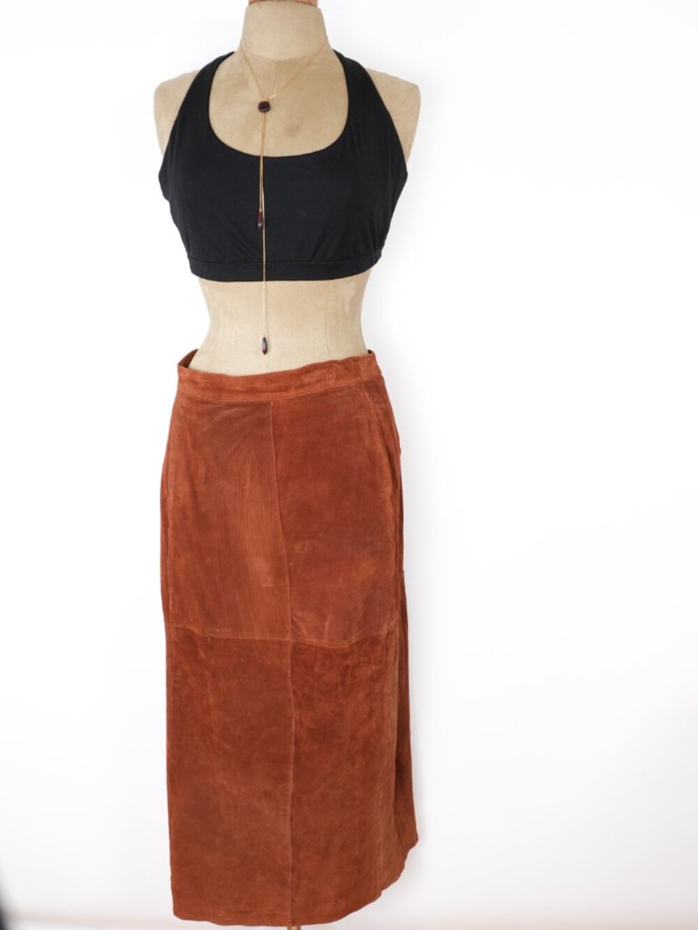 Suede Midi Skirt Vintage Leather Brown Suede Terracotta Long Maxi Skirt - Picture 6 of 16